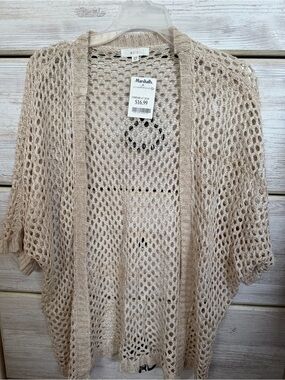 mine Open Knit Short Sleeve Cardigan in Beige